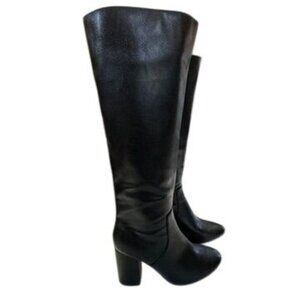 Faux Leather Knee-High Block Heel Boots Women Sz 9‎ Black Side Zipper Almond Toe
